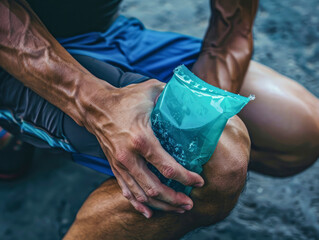 Close-up of hands applying an gel pack to his knee