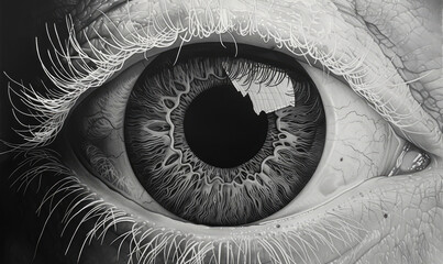 A close up of a human eye in black and white.