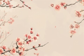 An elegant template with delicate cherry blossom branches in soft pink and ivory.