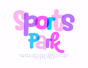 Vector playful logotype Sports Park. Funny handwritten Font. Bright Colorful Alphabet Letters and Numbers set.