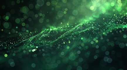 Abstract green particles background with bokeh lights and space for text. Glitter effect on dark background. Shiny glowing stars, stardust or fairy dust wallpaper design in the style of space.