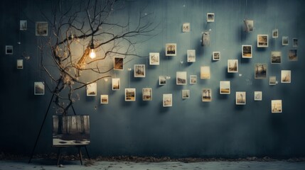 Naklejka premium Designing a photography and memory wall for shared reminiscing. In the spirit of hygge. Copy space.