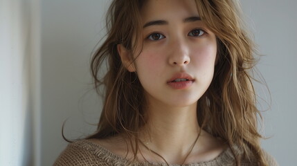 茶髪の若い日本人のファッションモデル