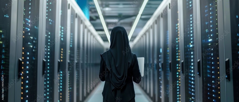 Poster a muslim female data center it engineer stands in front of a rack of servers in a data center. a clo