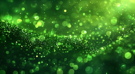 Abstract green particles background with bokeh lights and space for text. Glitter effect on dark background. Shiny glowing stars, stardust or fairy dust wallpaper design in the style of space.