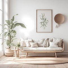 Stylish Living Space Featuring a Minimalistic Couch, Potted Plant, Artwork in Frame, and Woven Basket on the Wall