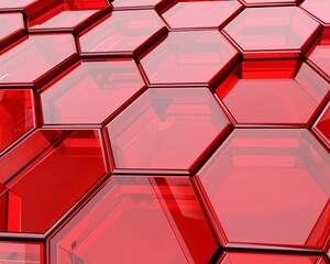 A minimalist composition of hexagons arranged in a visually stunning pattern of reflective red surfaces, abstract  , background