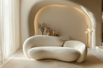 Modern and tranquil living room interior design emphasizing biophilic principles. Featuring a mushroom-shaped sofa. Natural colors