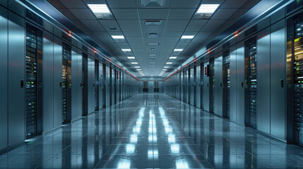 A long, empty hallway with shiny floors and rows of closed server cabinets on both sides.