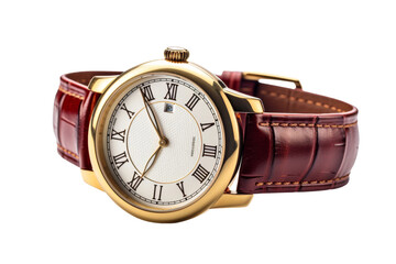 Timeless Elegance: A Gold Watch With Roman Numerals and a Red Leather Strap. On a White or Clear Surface PNG Transparent Background.