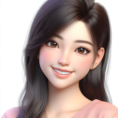 Happy Asian cartoon character girl, young woman portrait, female, happy mood, feeling expression concept, beautiful eyes, 3d style, isolated on a white background