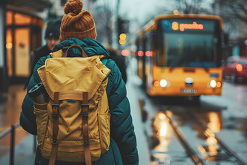 Obraz premium Young American female tourist carries a backpack walking on the road
