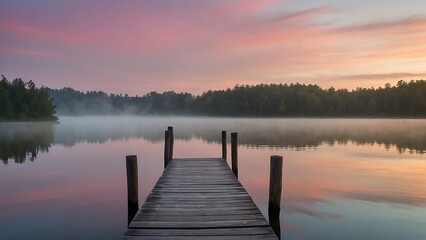 Naklejka premium sunrise on the lake Dawn Serenity Tranquil Lakeside Morning