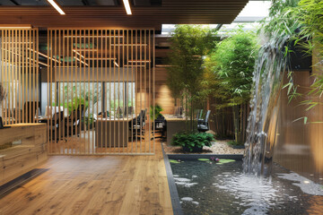 Sustainable biophilic design in an office setting featuring natural wood. Mushroom-shaped structures. Indoor greenery. And a tranquil water feature