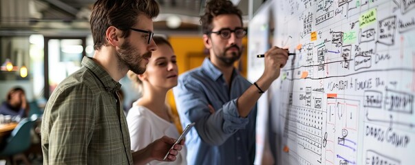 Startup cofounders reviewing a whiteboard filled with database models and growth projections