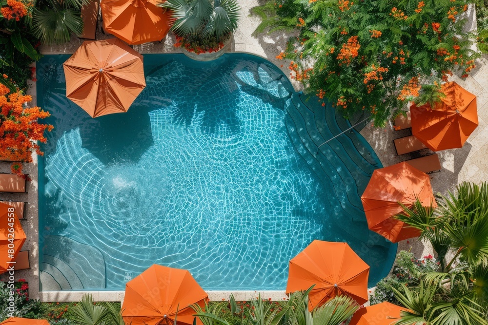 Poster overhead view of pool with orange umbrellas