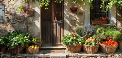 A charming rural home with baskets of freshly picked vegetables on the doorstep.