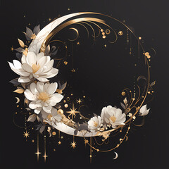 Blooming in the Night: A Mesmerizing Collection of White and Gold Elements with a Mystical Moontail - obrazy, fototapety, plakaty