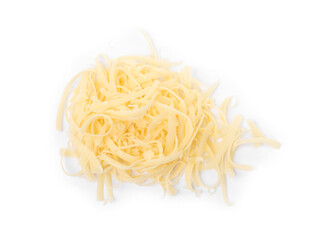 Pile of tasty grated cheese isolated on white, top view