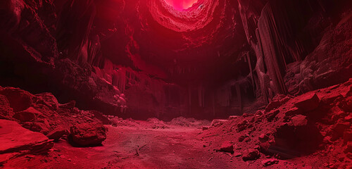 A surreal panorama of red electricity pulsating beneath the surface of a desert sinkhole, casting a...