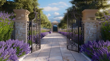 Elegant entrance with a custom iron gate and a lavender-lined walkway
