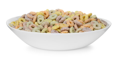 Tasty cereal rings in bowl isolated on white