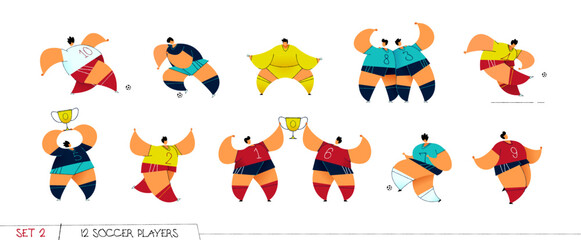 Soccer players kick the ball, jump, run and play football