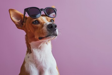 basenji dog wearing sunglasses on purple background. Optics eyewear salon ad with copy space.