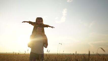 father and daughter in the park. happy family a behind his back walking in a wheat field...