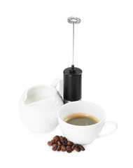 Mini mixer (milk frother), cup, coffee beans and pitcher isolated on white