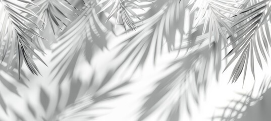 Palm leaves shadows on a white wall background, an abstract summer concept banner with space for copy. A realistic photo of palm leaves' shadows on a beige white concrete wall. A background with shad