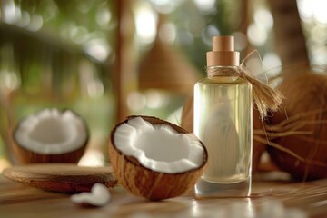 cosmetic coconut oil ad with copy space with lush green tropical palm tree leaves 