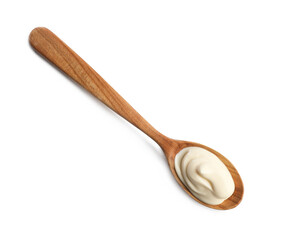 Natural yogurt in wooden spoon isolated on white, top view