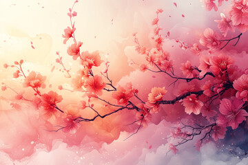 Dreamy Pastel Pink Cherry Blossom Springtime Wallpaper Illustration