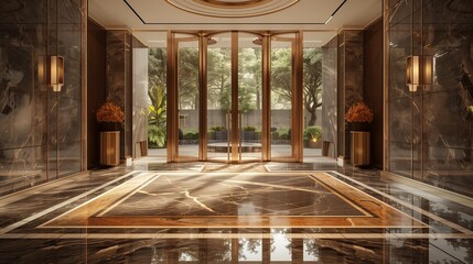 Fototapeta premium Elegant entrance with a marble-clad foyer and a custom-designed welcome mat