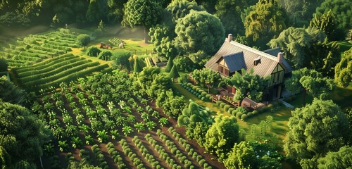 A cozy homestead nestled amidst verdant fields of thriving, organic vegetables.