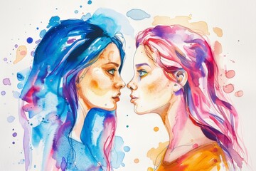 Obraz premium two women facing each other. Female competition vs support. girl power watercolor illustration. Woman empowerment colorful drawing.