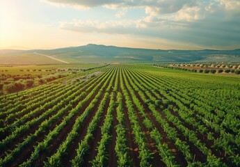 Aerial drone captures stunning agricultural plantations: vegetable fields, vineyards, olive trees, soybeans - massive eco-friendly food production