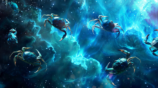 Crabs in outer-water space. Bright blue-aquamarine background with flashes, stars, waves and nebulae Fantastic backdrop with a crab