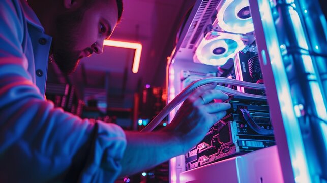 Art of PC building, low-angle shot of an individual meticulously assembling components inside a custom PC rig, the LED lighting showcasing the blend of functionality and aesthetics.