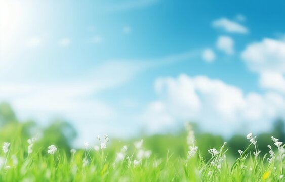 Fresh green grass against a vibrant blue sky with clouds. Springtime growth and renewal concept. Banner with copy space for environmental awareness campaign. - Powered by Adobe
