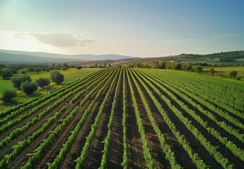 Aerial drone captures stunning agricultural plantations: vegetable fields, vineyards, olive trees, soybeans - massive eco-friendly food production