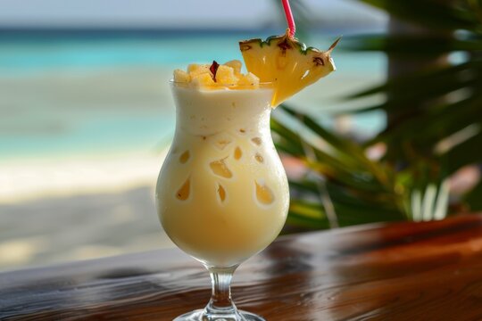 pina colada cocktail with coconut, rum and pineapple at the beach bar. Summer vacation drink.
