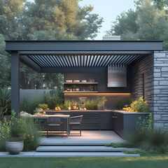 A Stylish and Modern Black Aluminum L-shaped Outdoor Kitchen Pergola with a Chic Design and Attractive Lighting