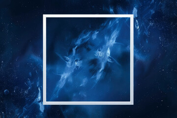 blue abstract background with white border. Streaks of paint resembling fog, smoke, outer space.
