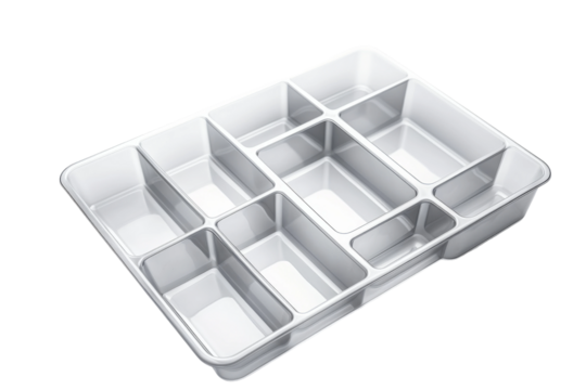 A Symphony of Organization: The White Plastic Tray With Compartments. On a White or Clear Surface PNG Transparent Background.