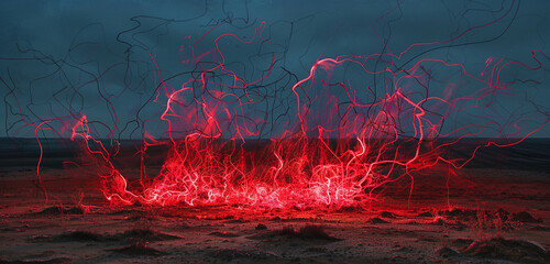 A surreal tableau of electric red tendrils weaving through the air above a desolate wasteland,...
