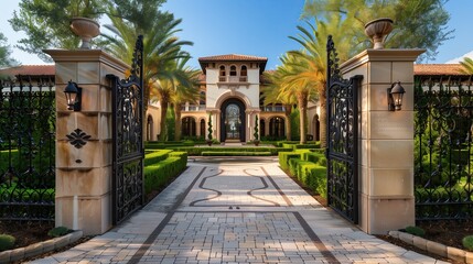 Fototapeta premium Grand entrance with a custom-designed iron gate and a landscaped courtyard