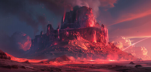 An ethereal crimson mist swirling around a lone desert mesa, illuminated from within by pulsating...