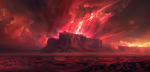An ethereal crimson mist swirling around a lone desert mesa, illuminated from within by pulsating...